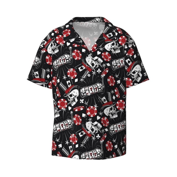 Daiia Vintage Skull Casino Men's Linen Shirts Short Sleeve Casual Shirts Button Down Shirt for Men Beach Summer Wedding Shirt-Large