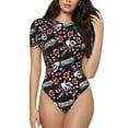 thumbnail image 1 of Daiia Vintage Skull Casino print Women's Crew Neck Short Sleeve Bodysuit Fashion Tops Fit Casual Basic Extender Bodysuit-Large, 1 of 9