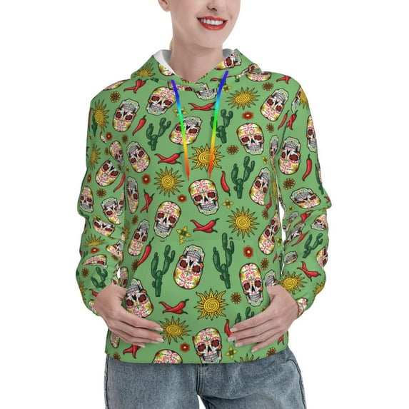Daiia Vintage Sugar Skull Pattern Women's Fashion Hoodies & Sweatshirts with Kangaroo Pocket Hooded Sweatshirt with Eye-catching Drawstrings-Small