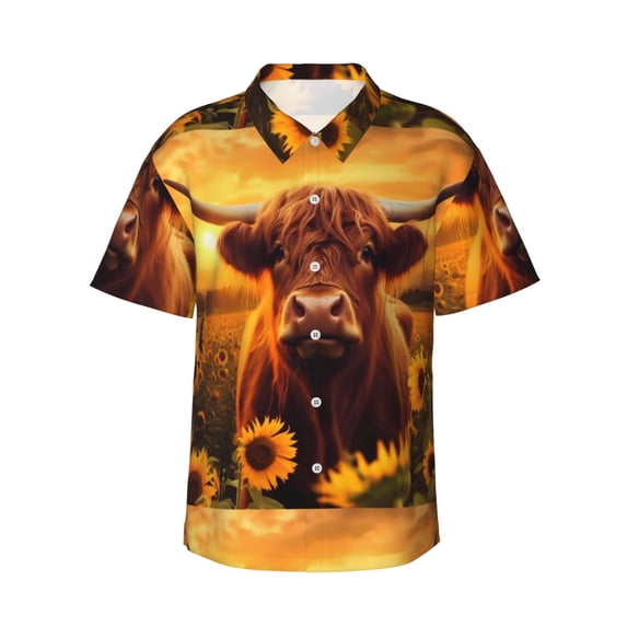 Daiia Vintage Sunflower Cow A Hawaiian Shirt for Men Gentle Cotton Regular Short Sleeve Casual-Large