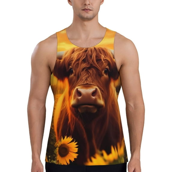 Daiia Vintage Sunflower Cow A Printed Men's Quick Dry Fit Muscle Tank Top Slim-Fit Tank Workout Tank Top Lightweight Sports Tank Top-XX-Large