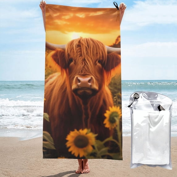 Daiia Vintage Sunflower Cow B Pattern Quick Dry Towel, Super Absorbent Travel Towel with Hanging Loop & Carabiner, Lightweight Compact Fast-Drying Microfiber Towel-
