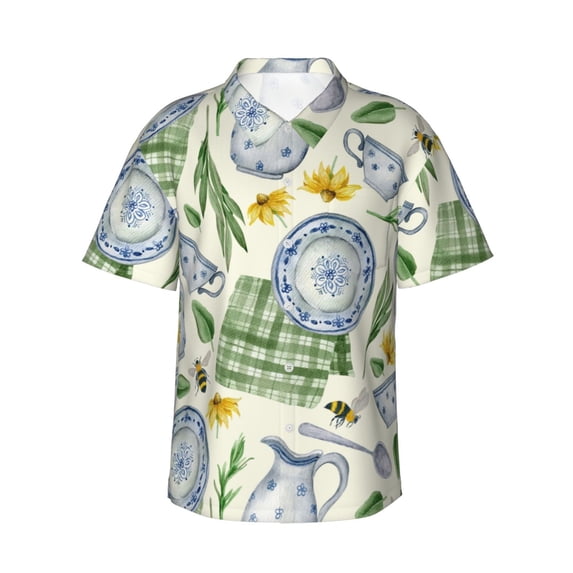 Daiia Vintage Utensils Hawaiian Shirt for Men Gentle Cotton Regular Short Sleeve Casual-Small