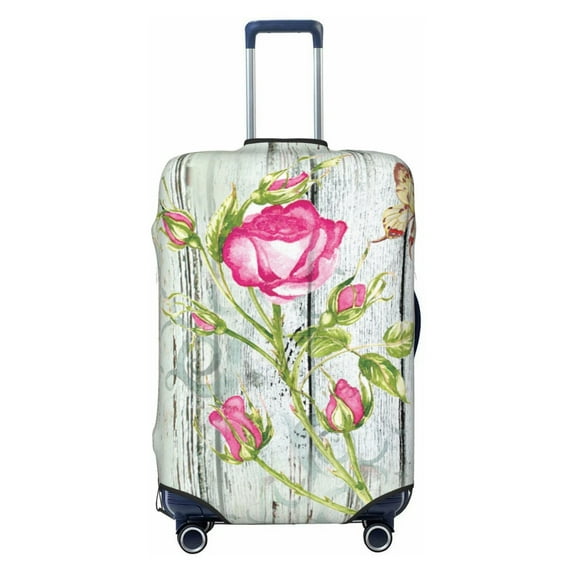 Daiia Vintage Wood Background with Floral Luggage Cover, Thickened Washable Travel Luggage Covers, Elastic Unique Baggage Covers for 18-20 inch Luggage-Medium