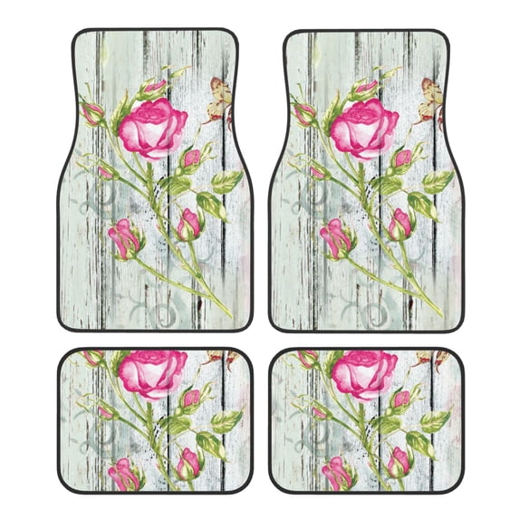 Daiia Vintage Wood Background with Floral Printed Car Floor Mats Set of 4, Durable Non Slip Auto Floor Carpet, Car Interior Carpets Proof Foot Pads Anti-Slip Cushion Automoetive Accessories