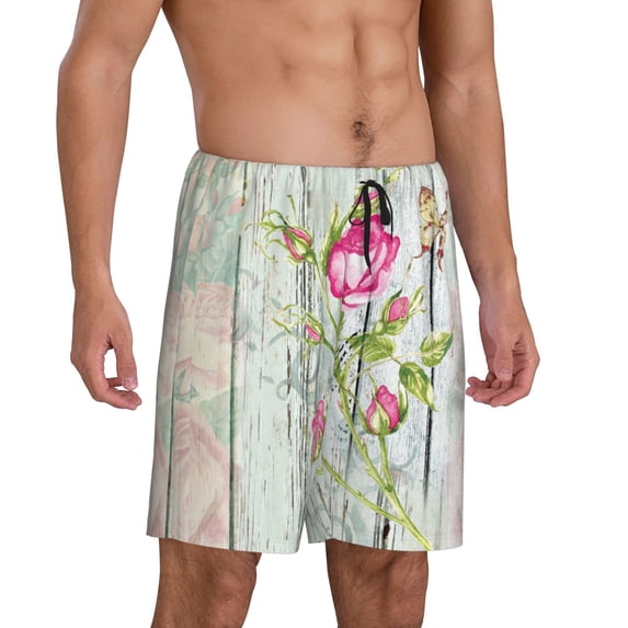Daiia Vintage Wood Background with Floral Mens Woven Stretch Pajama Short,Short Pajama Pants-4X-Large