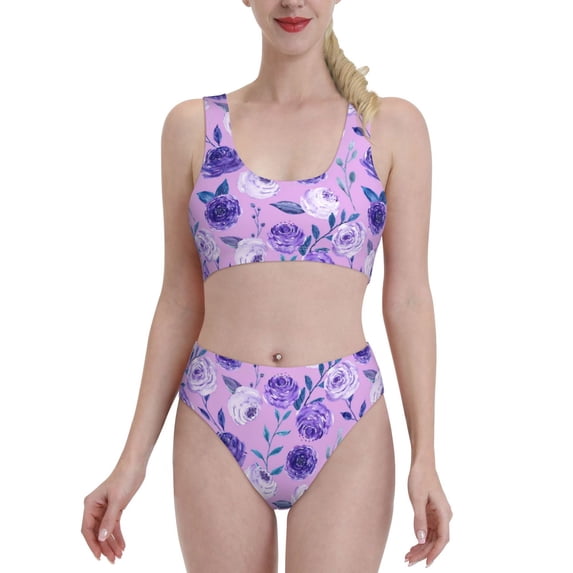 Daiia Violet printed 2 piece Swimsuit Bikinis for Women High Waisted Racerback Bathing Suits Summer Tummy Control Scoop Neck Swimwear-Small