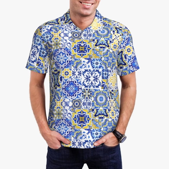 Daiia Watercolor Artwork Pattern Men’s Polo Shirts,Solid Deck Shirt,Classic Fit, Breathable Cotton Polo for Casual and Sport Wear-Small