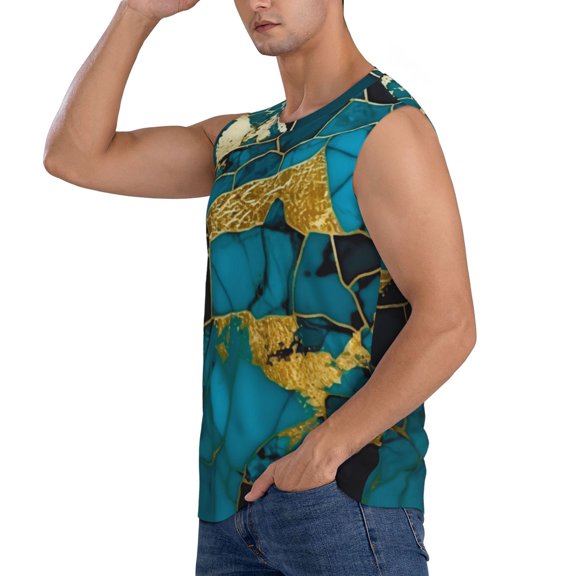 Daiia Watercolor Blue Marbled Printed Men's Tank Tops,Casual Soft Sleeveless Gym Muscle Shirts Bodybuilding Tee-Medium