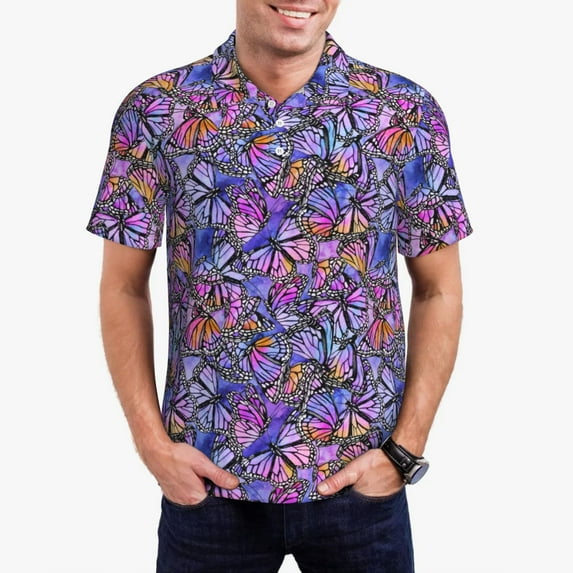 Daiia Watercolor Butterflies Pattern Men’s Polo Shirts,Solid Deck Shirt,Classic Fit, Breathable Cotton Polo for Casual and Sport Wear-XX-Large