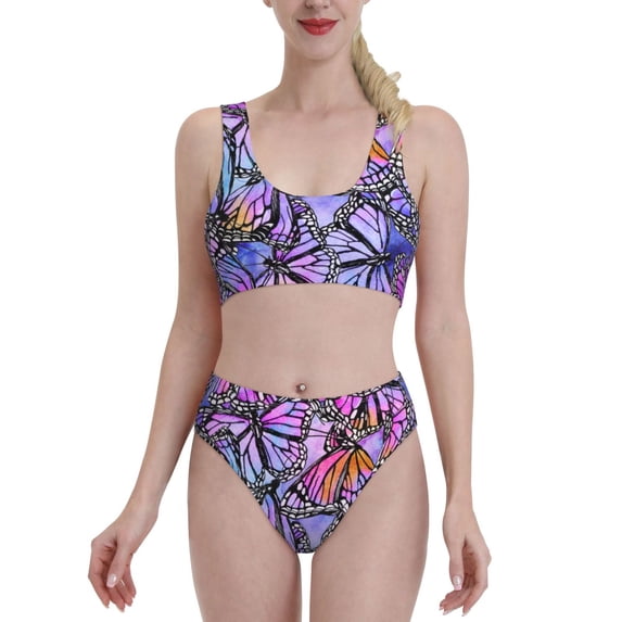 Daiia Watercolor Butterflies printed 2 piece Swimsuit Bikinis for Women High Waisted Racerback Bathing Suits Summer Tummy Control Scoop Neck Swimwear-Small