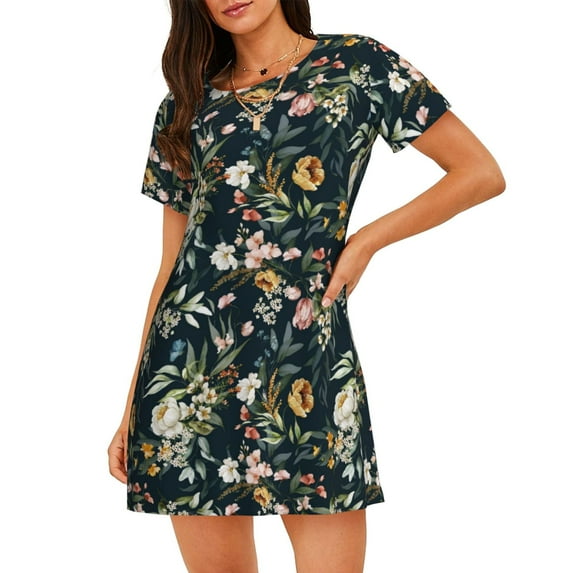 Daiia Watercolor Floral Print Women's Nightshirt Soft Nightgowns for Women Short Sleeve dress Short-sleeved Sleepwear