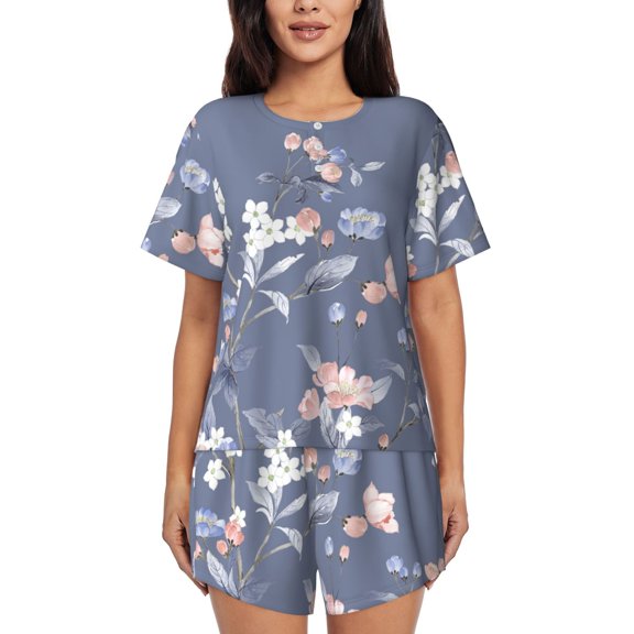 Daiia Watercolor Flowers Butterfly Pattern Womens Pajama Sets Short Sleeve Pajamas for Women Sets Soft Lounge Sets Casual Round Neck Sleepwear PJS-3X-Large