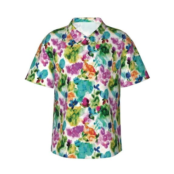 Daiia Watercolor Flowers Hawaiian Shirt for Men Gentle Cotton Regular Short Sleeve Casual-XX-Large