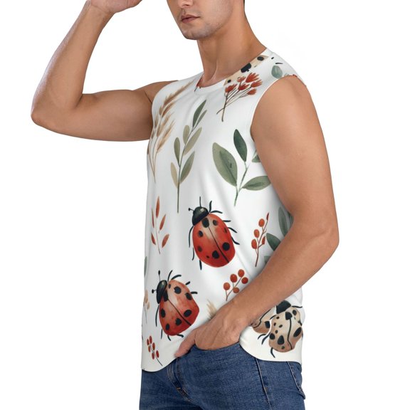 Daiia Watercolor Ladybug Printed Men's Tank Tops,Casual Soft Sleeveless Gym Muscle Shirts Bodybuilding Tee-X-Large