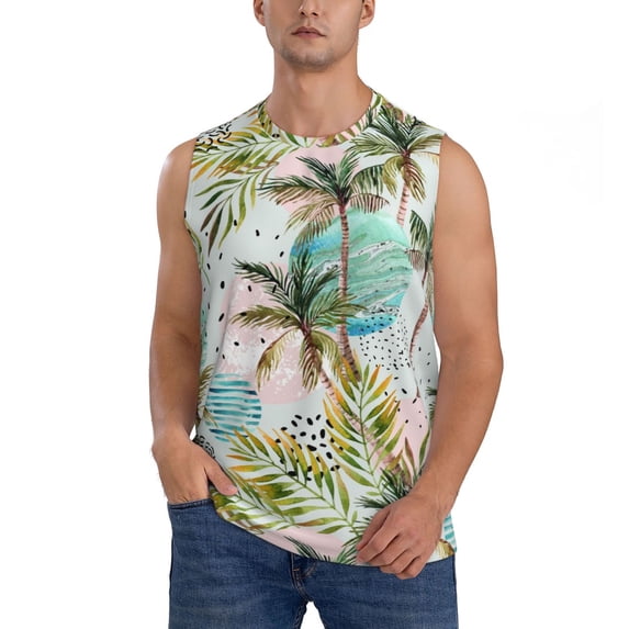 Daiia Watercolor Palm Tree Printed Men's Tank Tops,Casual Soft Sleeveless Gym Muscle Shirts Bodybuilding Tee-XX-Large