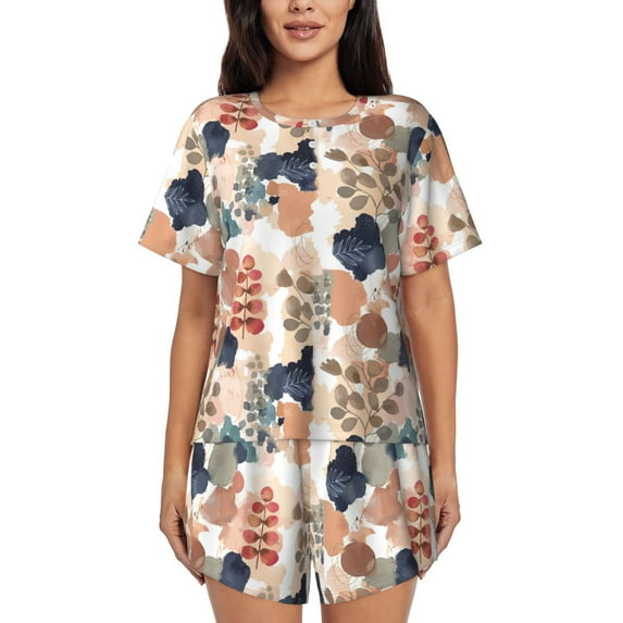Daiia Watercolor Plants Pattern Womens Pajama Sets Short Sleeve Pajamas for Women Sets Soft Lounge Sets Casual Round Neck Sleepwear PJS-XX-Large