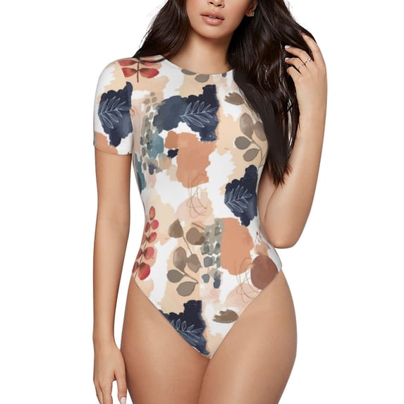Daiia Watercolor Plants print Women's Crew Neck Short Sleeve Bodysuit Fashion Tops Fit Casual Basic Extender Bodysuit-Small