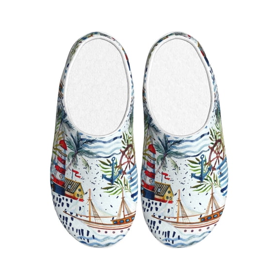Daiia Watercolor Sailboat Print Women’s Fuzzy Slippers Memory Foam Lightweight House Shoes Cozy Loafer Flannel House Shoes-42/43