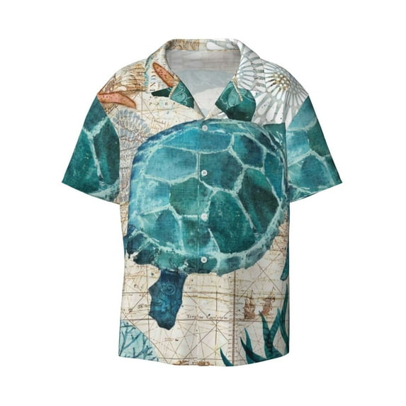 Daiia Watercolor Sea Turtle Men's Linen Shirts Short Sleeve Casual Shirts Button Down Shirt for Men Beach Summer Wedding Shirt-XX-Large