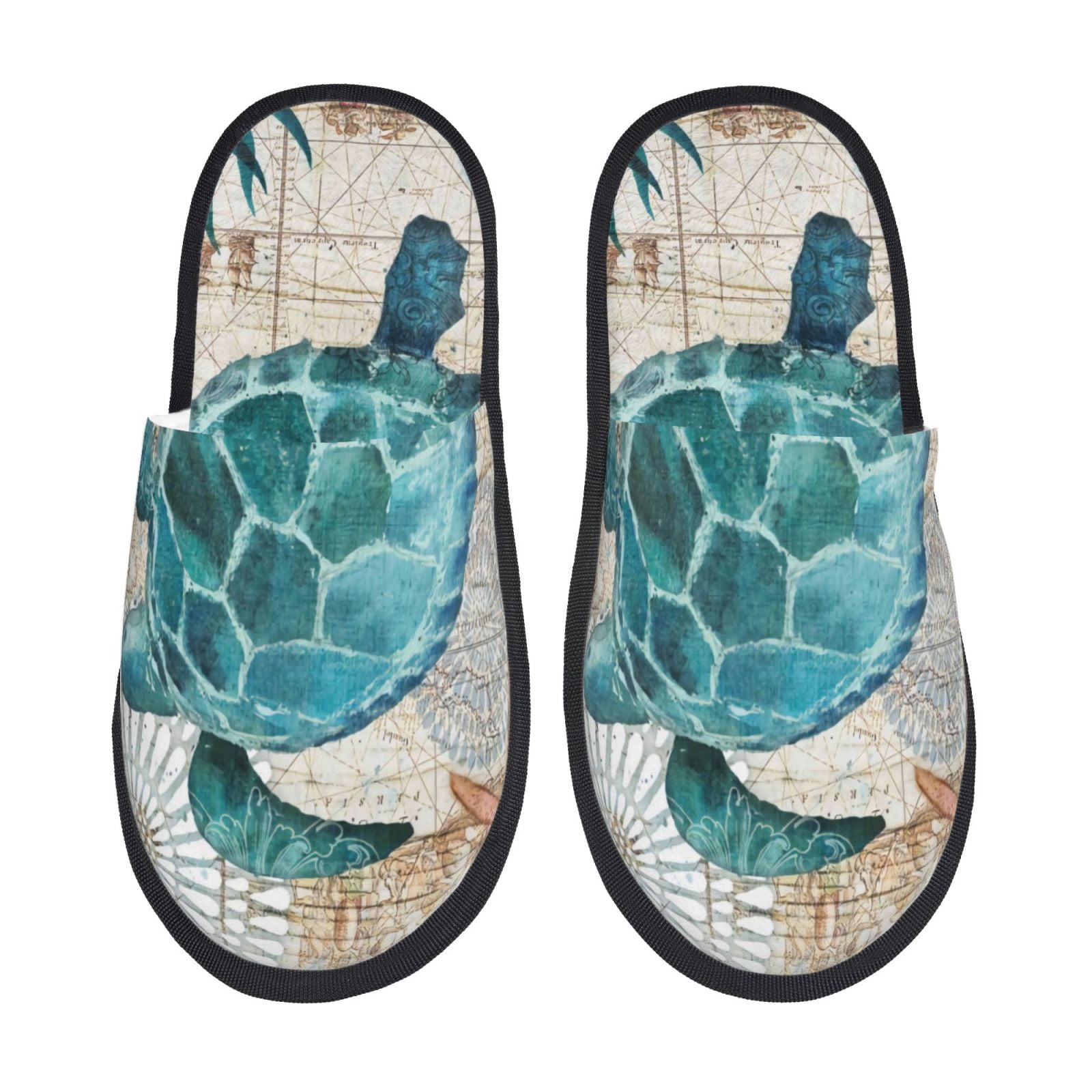 Daiia Watercolor Sea Turtle Pattern Furry Slippers for Women and Men ...