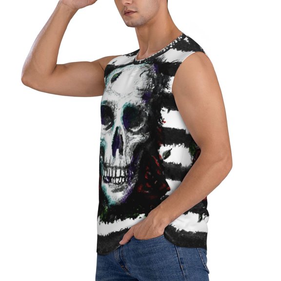 Daiia Watercolor Skull Printed Men's Tank Tops,Casual Soft Sleeveless Gym Muscle Shirts Bodybuilding Tee-Large