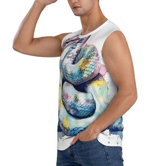 Daiia Watercolor Snake Printed Men's Tank Tops,Casual Soft Sleeveless Gym Muscle Shirts Bodybuilding Tee-Small
