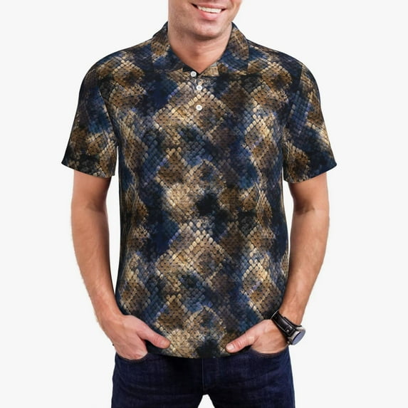 Daiia Watercolor Snake Skin Pattern Men’s Polo Shirts,Solid Deck Shirt,Classic Fit, Breathable Cotton Polo for Casual and Sport Wear-Large