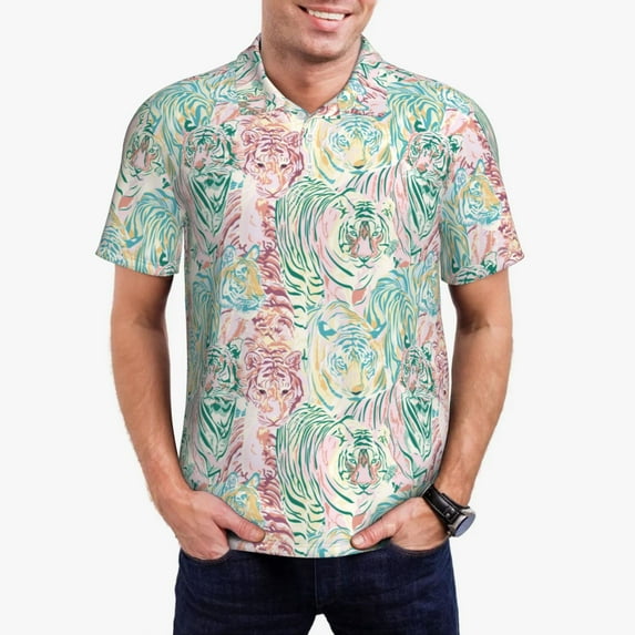 Daiia Watercolor Tiger Pattern Men’s Polo Shirts,Solid Deck Shirt,Classic Fit, Breathable Cotton Polo for Casual and Sport Wear-X-Large