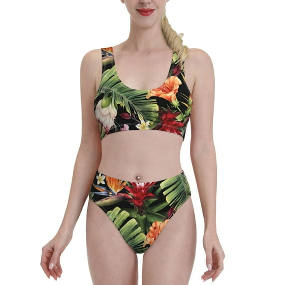 Daiia Watercolor Tropical Flowers printed 2 piece Swimsuit Bikinis for Women High Waisted Racerback Bathing Suits Summer Tummy Control Scoop Neck Swimwear-XX-Large