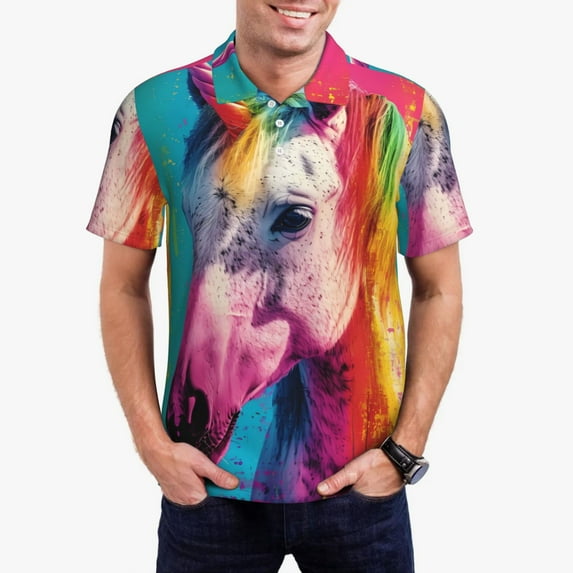 Daiia Watercolor White Horse Pattern Men’s Polo Shirts,Solid Deck Shirt,Classic Fit, Breathable Cotton Polo for Casual and Sport Wear-X-Large