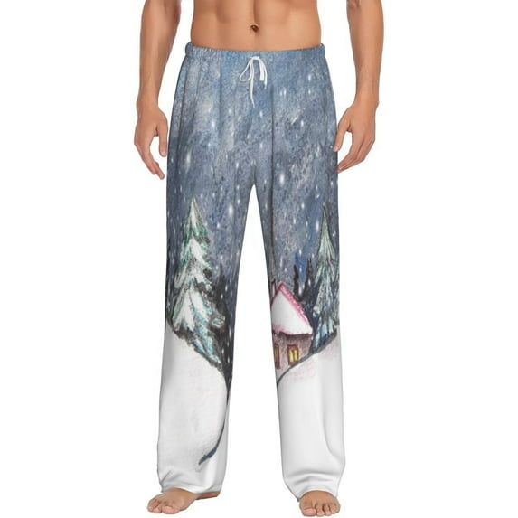 Daiia Watercolor Winter Landscape For Christmas Men's Sleep Pant with Pockets and Drawstring,Pajama Pants-Small