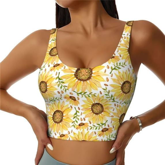 Daiia Watercolor With Sunflowers Printed Women's Sports Bra, Breathable Activewear Bra with U-Back Design and Removable Pads, Comfortable and Supportive for Yoga, Workout-X-Large