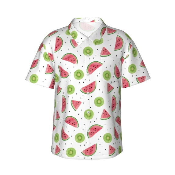 Daiia Watermelon And Kiwi Hawaiian Shirt for Men Gentle Cotton Regular Short Sleeve Casual-Large