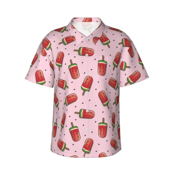 Daiia Watermelon Ice Cream Hawaiian Shirt for Men Gentle Cotton Regular Short Sleeve Casual-Large