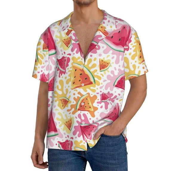 Daiia Watermelon Men's Linen Shirts Short Sleeve Casual Shirts Button Down Shirt for Men Beach Summer Wedding Shirt-4X-Large