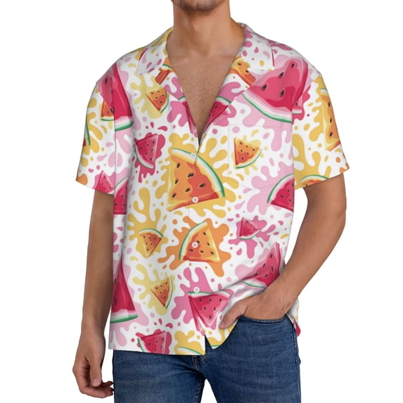 Daiia Watermelon Men's Linen Shirts Short Sleeve Casual Shirts Button Down Shirt for Men Beach Summer Wedding Shirt-Medium