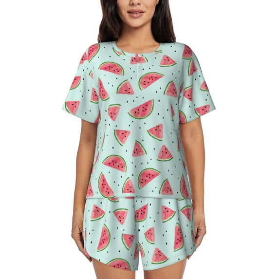 Daiia Watermelon Pattern Womens Pajama Sets Short Sleeve Pajamas for Women Sets Soft Lounge Sets Casual Round Neck Sleepwear PJS-Large