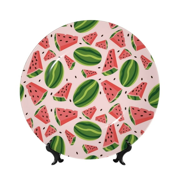 Daiia Watermelon Printed Pattern Ceramic Plate Dinner Plates Bone China Decorative Plates with Display Stand Art Ceramic Ornaments for Wall Hanging Decoration-7in