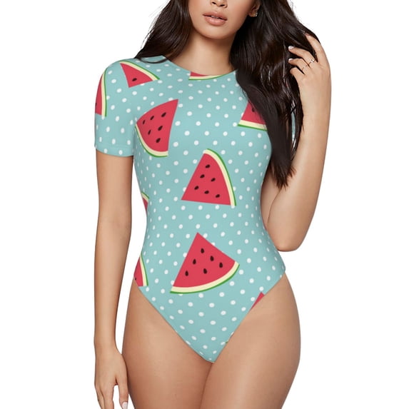 Daiia Watermelon print Women's Crew Neck Short Sleeve Bodysuit Fashion Tops Fit Casual Basic Extender Bodysuit-Large