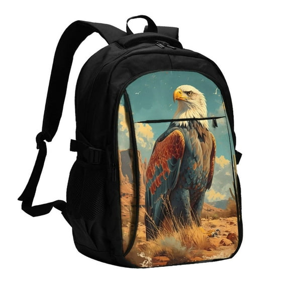 Daiia Western Desert Cactus Bald Eagle Pattern USB Charging Backpack for Men and Women, Anti-Theft Backpack,Travel Backpack,School Backpack,College Backpack,Laptop Backpack