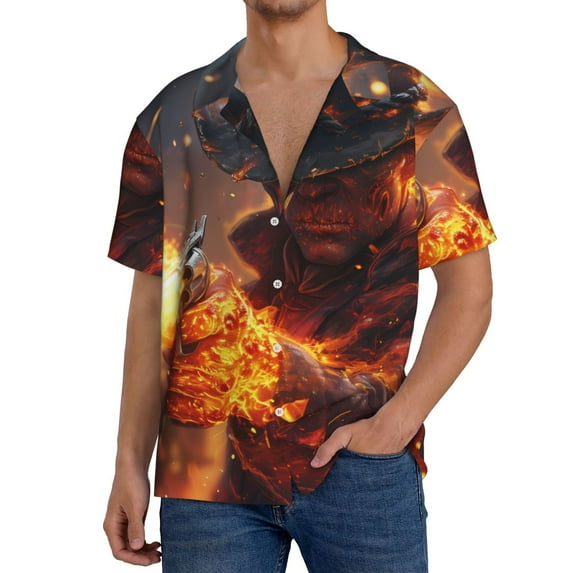Daiia Western Fire Cowboy Men's Linen Shirts Short Sleeve Casual Shirts Button Down Shirt for Men Beach Summer Wedding Shirt-Small