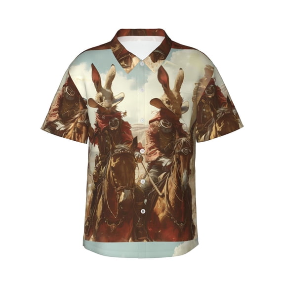 Daiia Western Rabbit Cowboy Hawaiian Shirt for Men Gentle Cotton Regular Short Sleeve Casual-Large