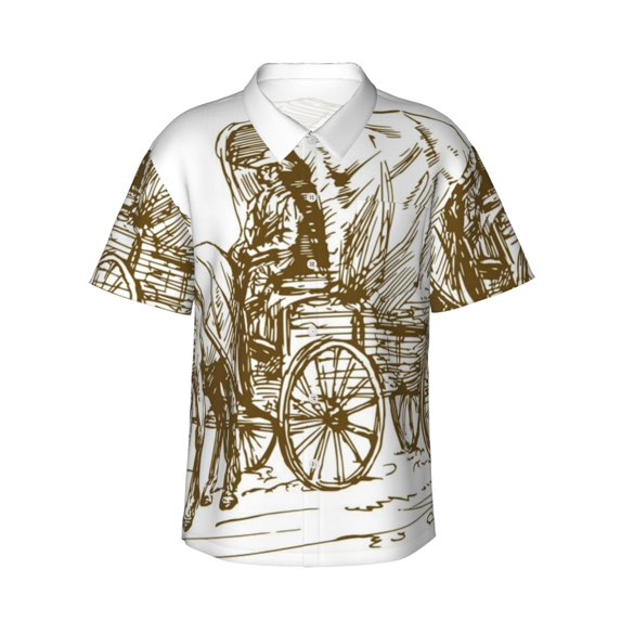 Daiia Western Scenery With Old Wagon Hawaiian Shirt for Men Gentle Cotton Regular Short Sleeve Casual-3X-Large