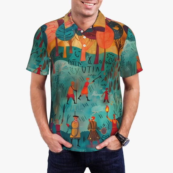 Daiia Whimsical Forest Scene Pattern Men’s Polo Shirts,Solid Deck Shirt,Classic Fit, Breathable Cotton Polo for Casual and Sport Wear-XX-Large