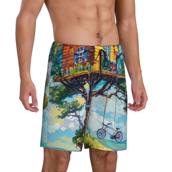 Daiia Whimsical Treehouse Painting Mens Woven Stretch Pajama Short,Short Pajama Pants-Small