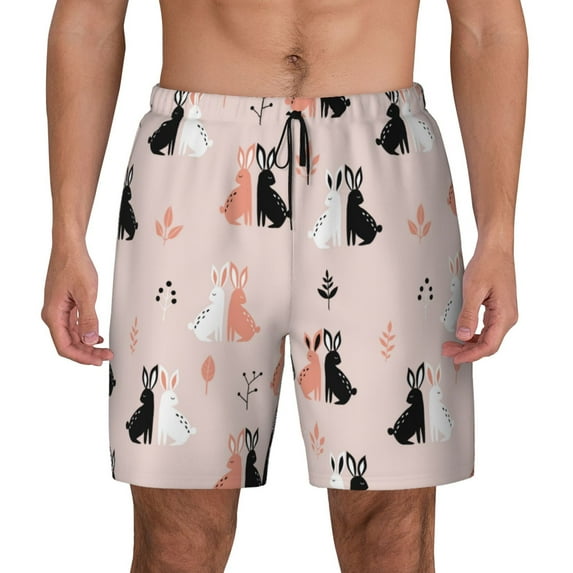 Daiia White And Black Rabbit Mens Swim Trunks Swim Shorts Quick Dry Swim Shorts with Mesh Lining Pockets-X-Large