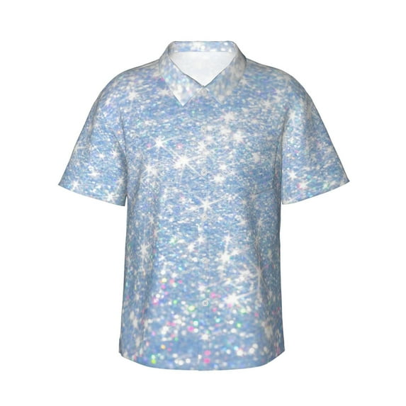 Daiia White Bule Glitter Hawaiian Shirt for Men Gentle Cotton Regular Short Sleeve Casual-Medium