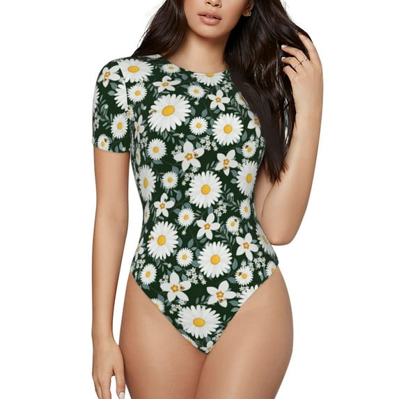 Daiia White Daisies And Bee Women'S Crew Neck Short Sleeve Slim Fit T Shirts Tops Basic Bodysuit Leotard Clothing-X-Large