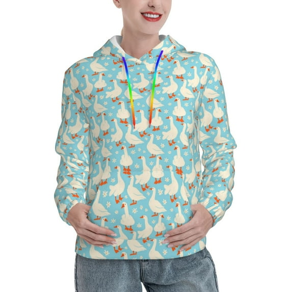 Daiia White Geese and Flower Pattern Women's Fashion Hoodies & Sweatshirts with Kangaroo Pocket Hooded Sweatshirt with Eye-catching Drawstrings-X-Large
